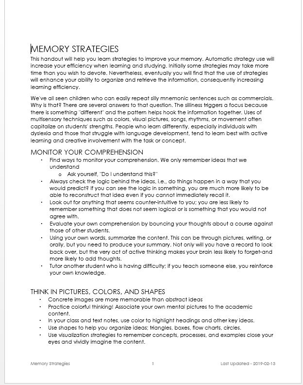 Front page of document discussing memory strategies